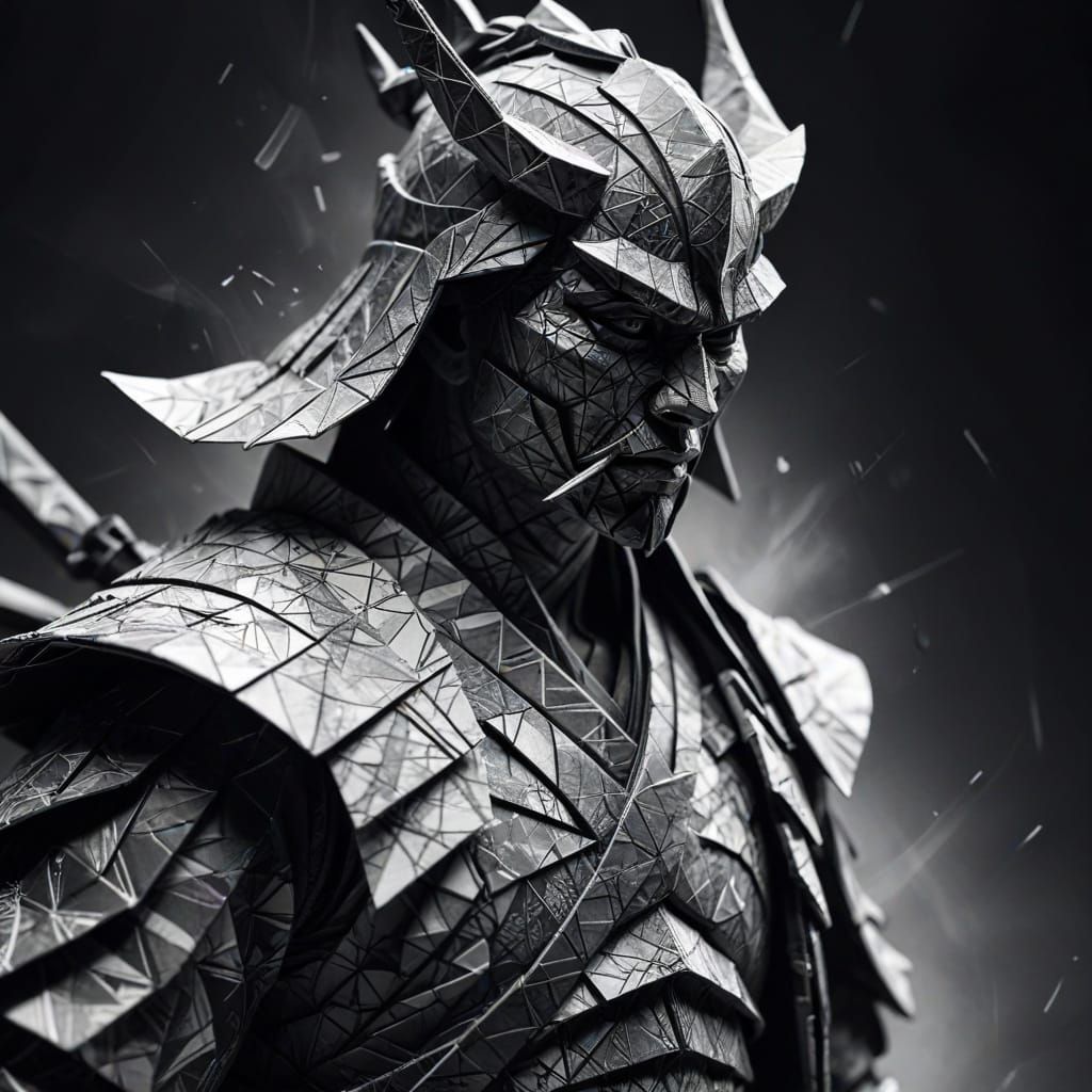 Monochromatic Samurai in Abstract Surrealist Landscape