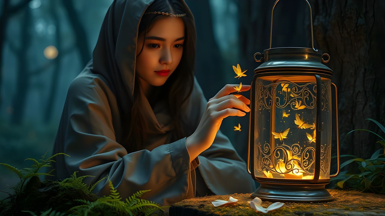 Enchantress Capturing Fireflies in Crystal Lantern