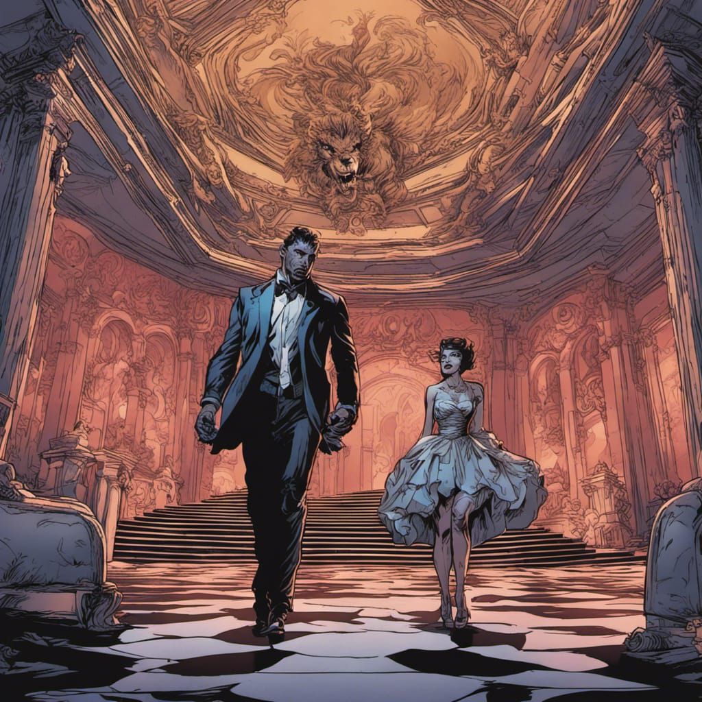 Werewolf Attack in Ballroom: Comic Book Art