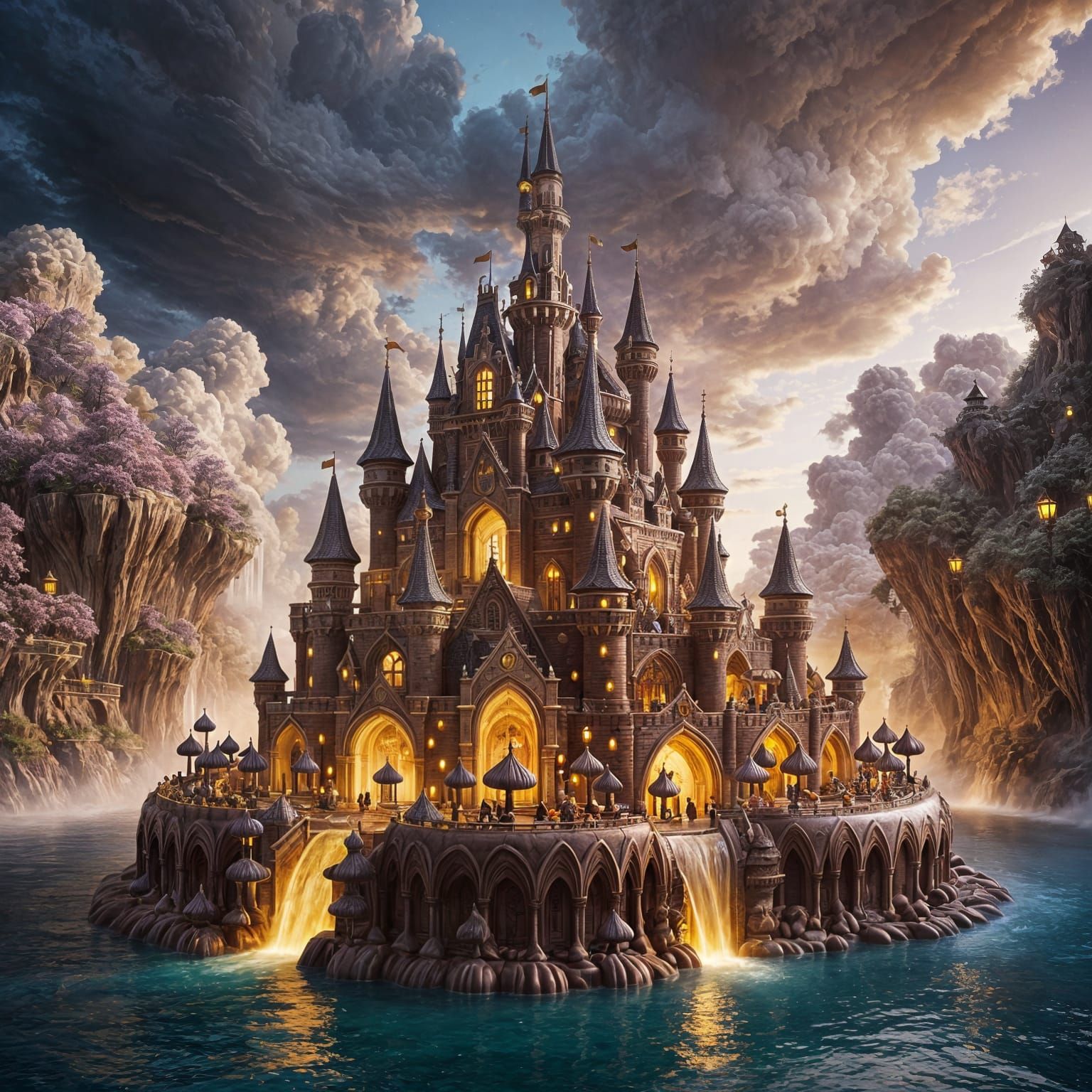 Chocolate Castle Dreamscape with Flowing Fountains
