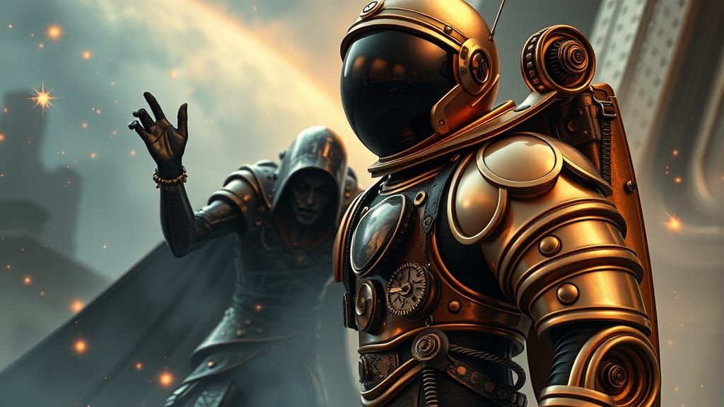 Heroic Bronze Astronaut Knight in Steampunk Space Armor