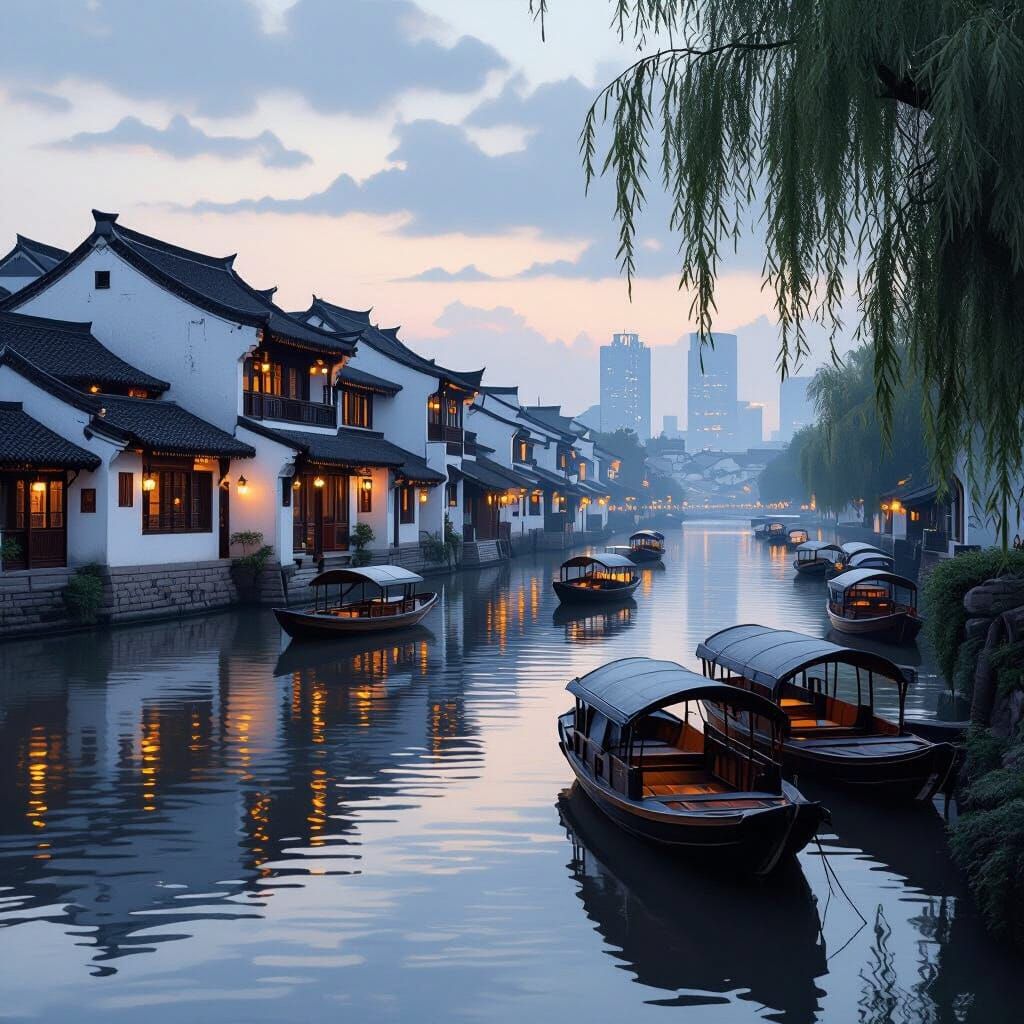 Chinese Waterfront Architecture at Dusk