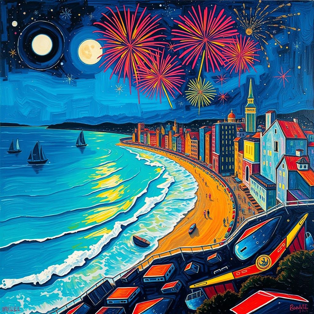 Celestial New Year Cityscape with Fireworks