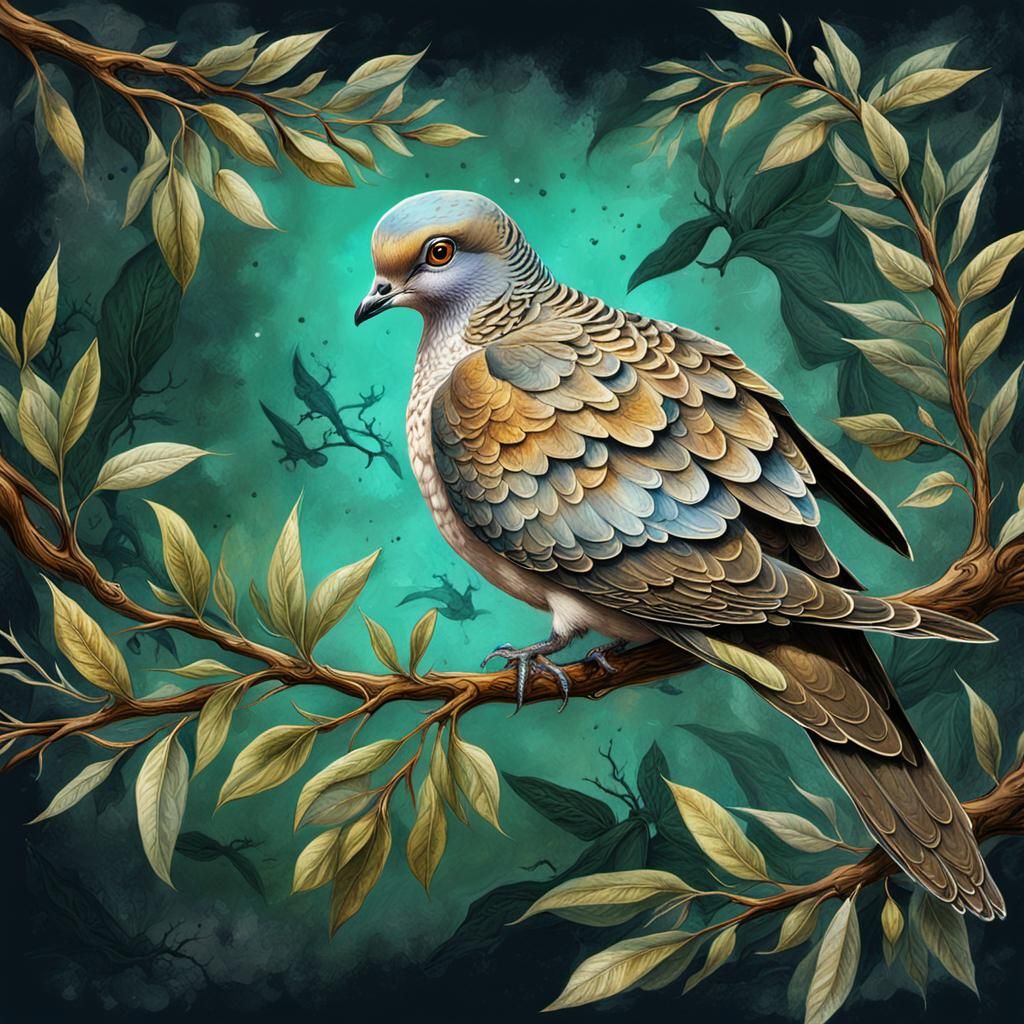 Turtledove on Olive Branch Mixed Media Art