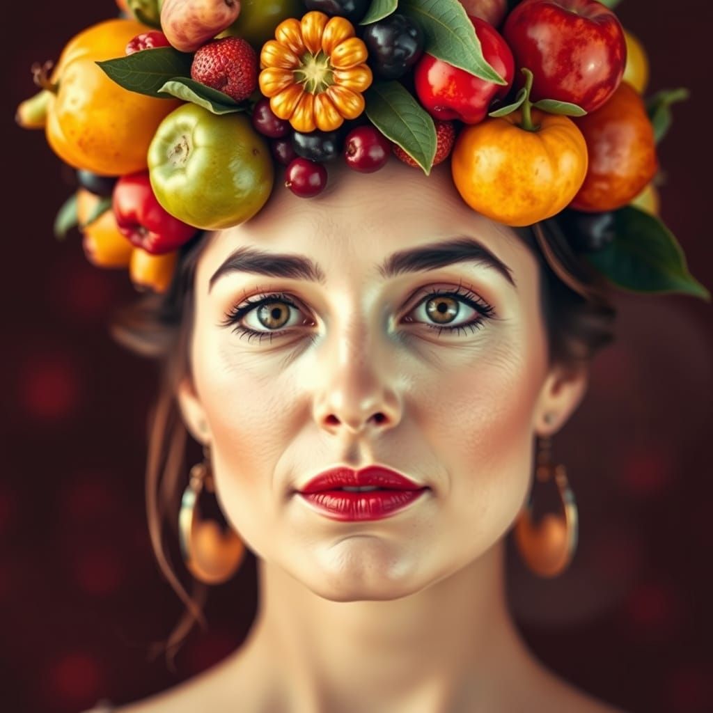Woman with Crown of Ripe Fruits in Hyperrealistic Style