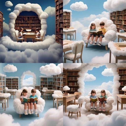 Dreamy Cloud Library with Children Reading
