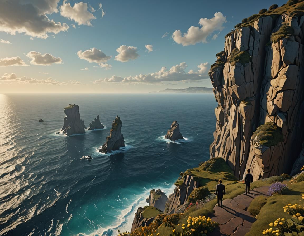 Surreal Ocean Cliff: Dali-esque Hyperrealistic Painting