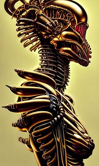 Golden Mechanical Xenomorph: Biomechanical Art