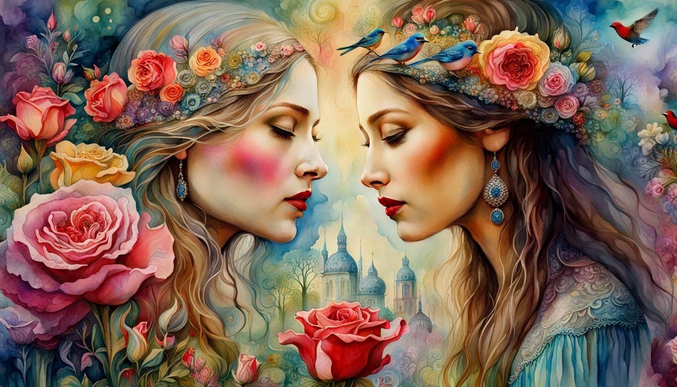 Romantic Gift Exchange in Spring, Magic Realism Style