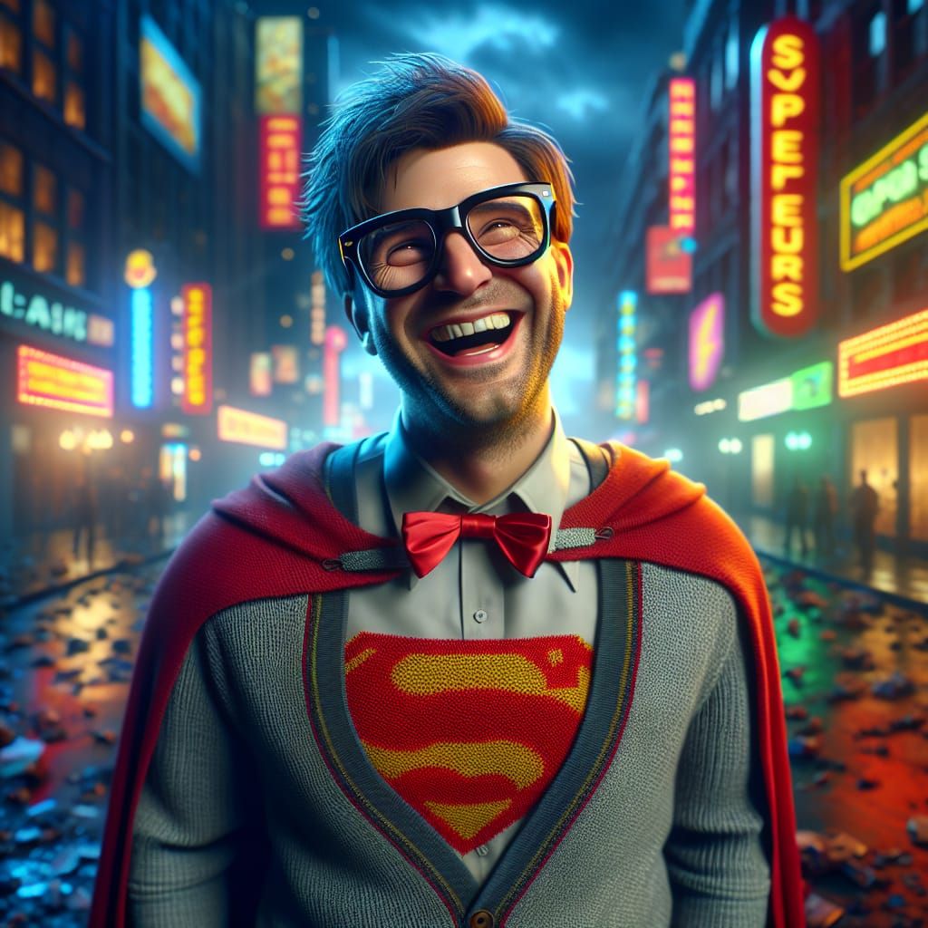 Nerdy Superhero Caricature in Hyperrealistic Style