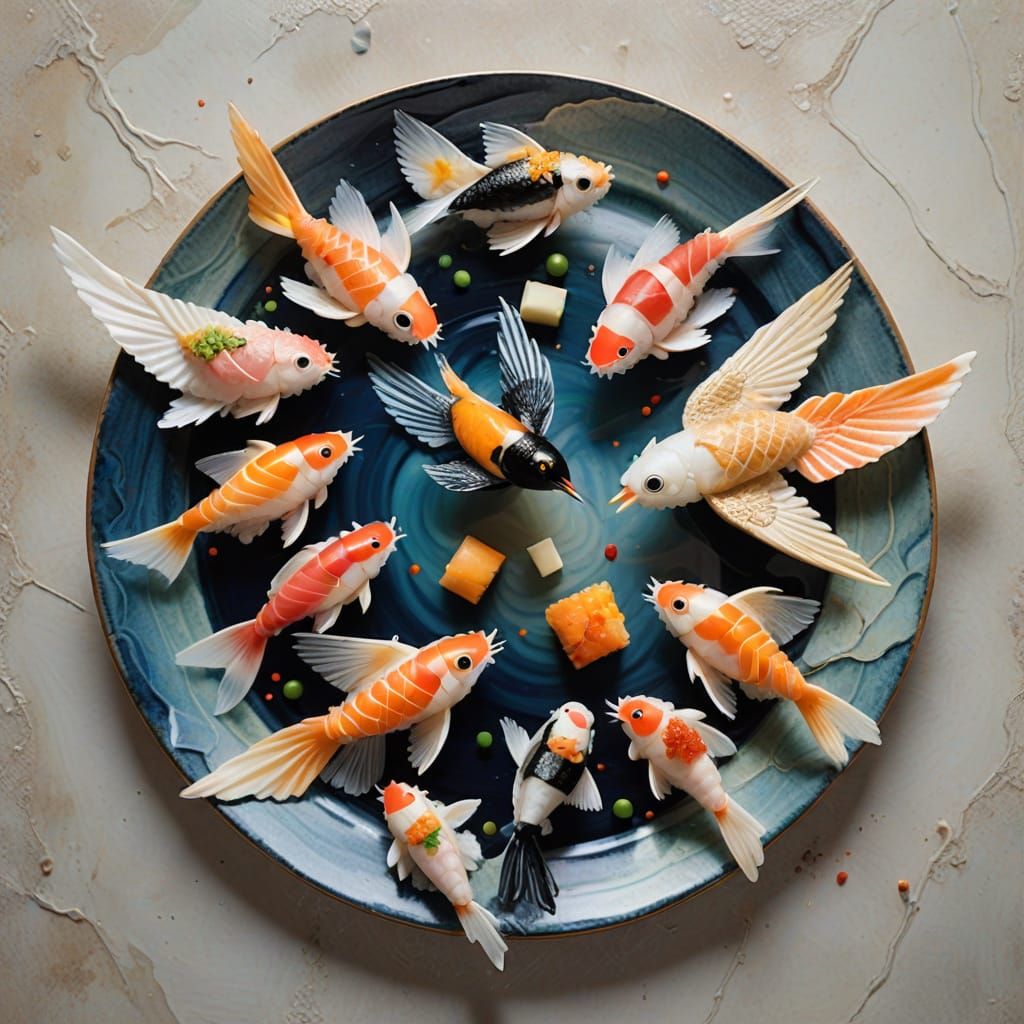 Sushi Bird in Flight: Surreal Impressionistic Art