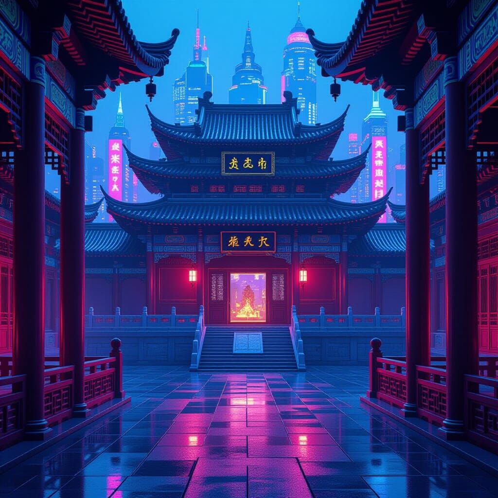 Cyberpunk Ancient Chinese Palace with Neon Lights