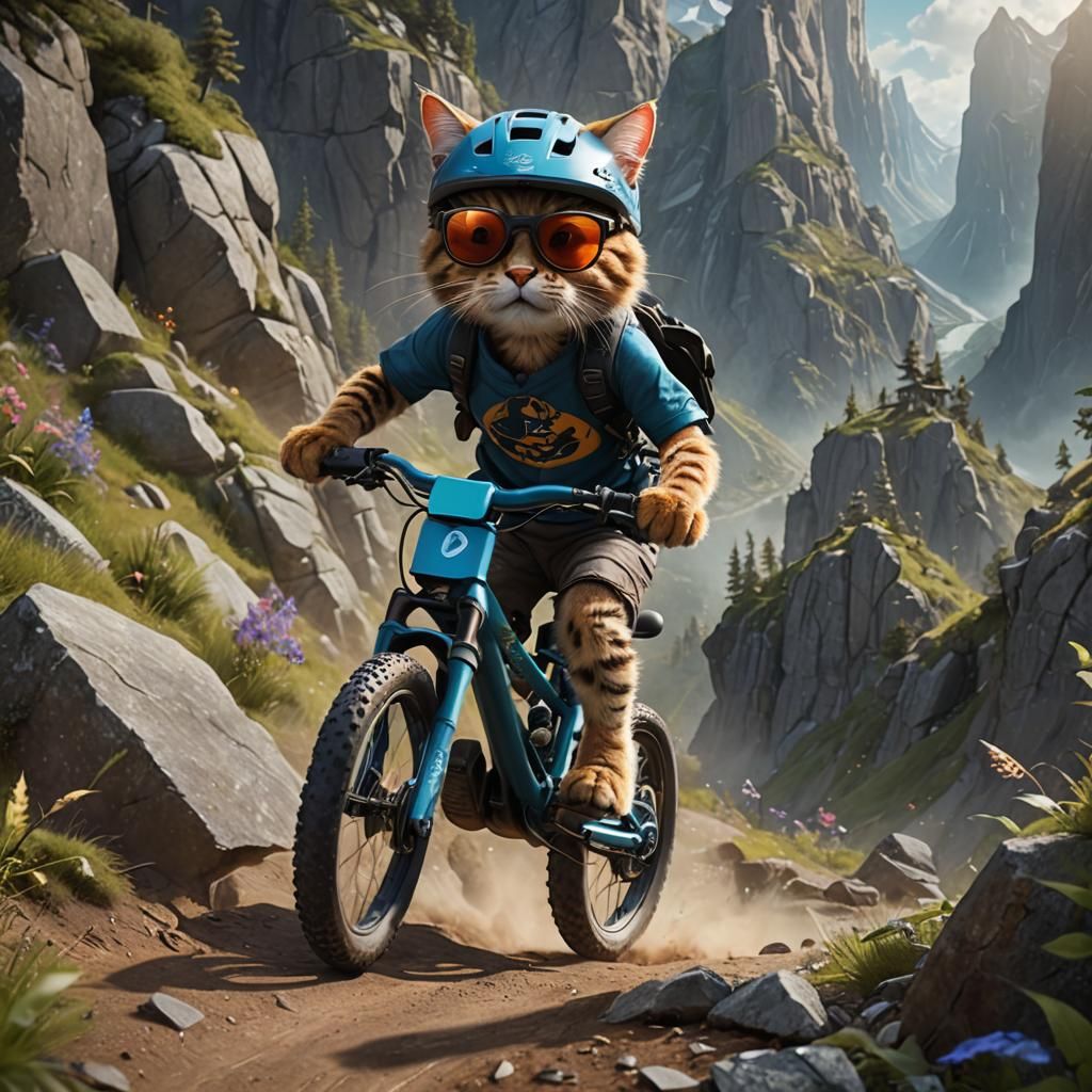 Cat Rides Mountain Bike: Detailed Matte Painting
