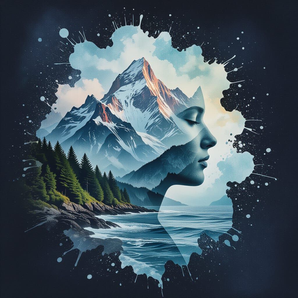 Mountain Head Merges with Ocean in Double Exposure Art