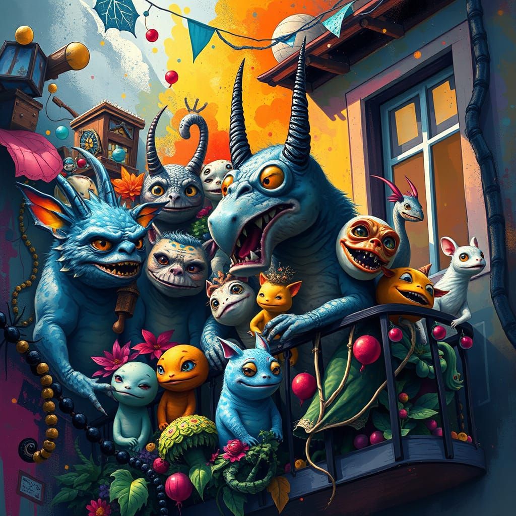Whimsical Creatures on a Balcony in Naive Art Style