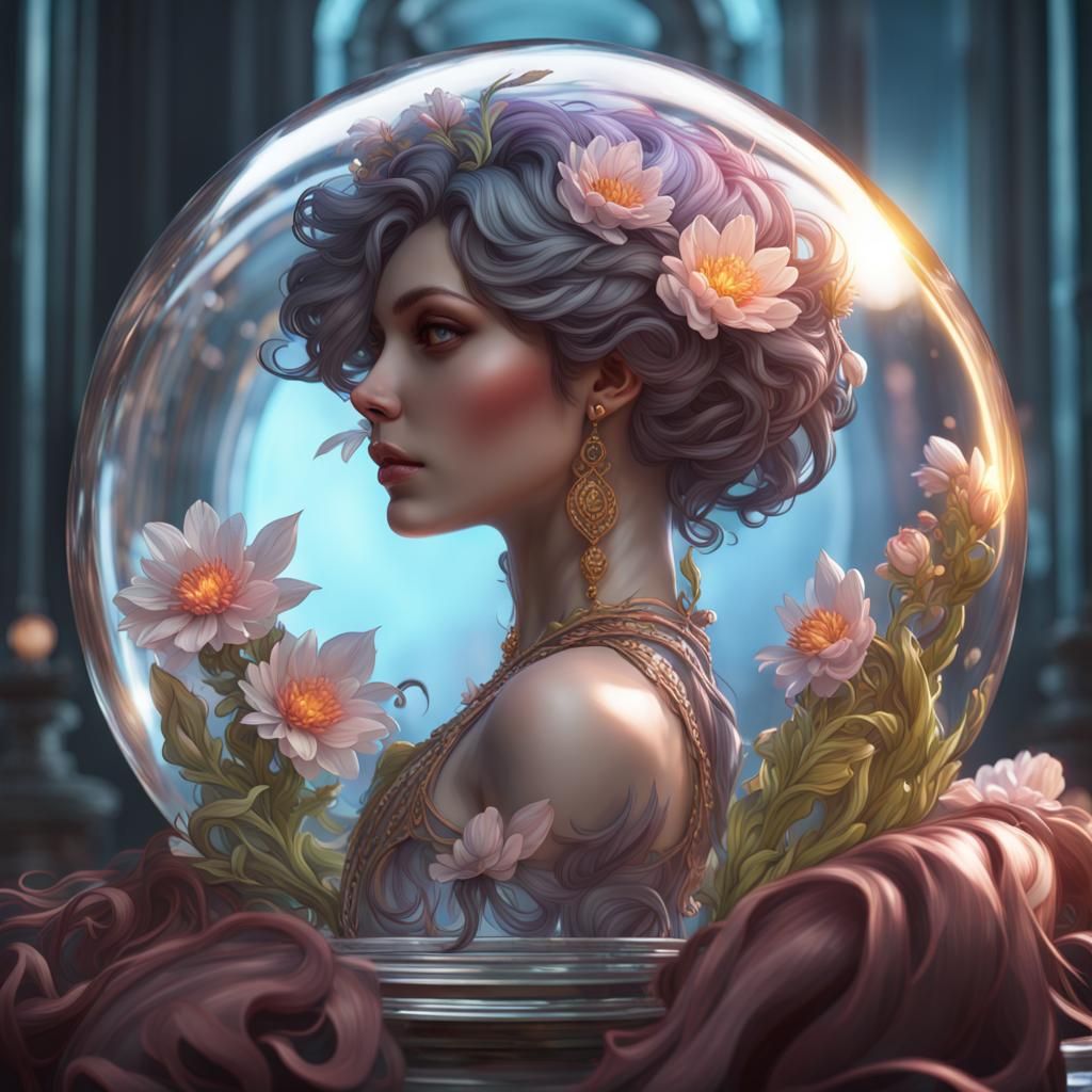 Illuminated Flower Portrait in Crystal Ball, Detailed Art