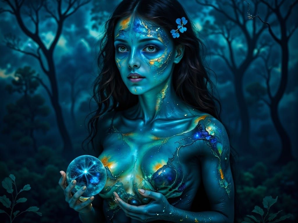 Contemplative Woman in Bioluminescent Forest, Surreal Cinema...