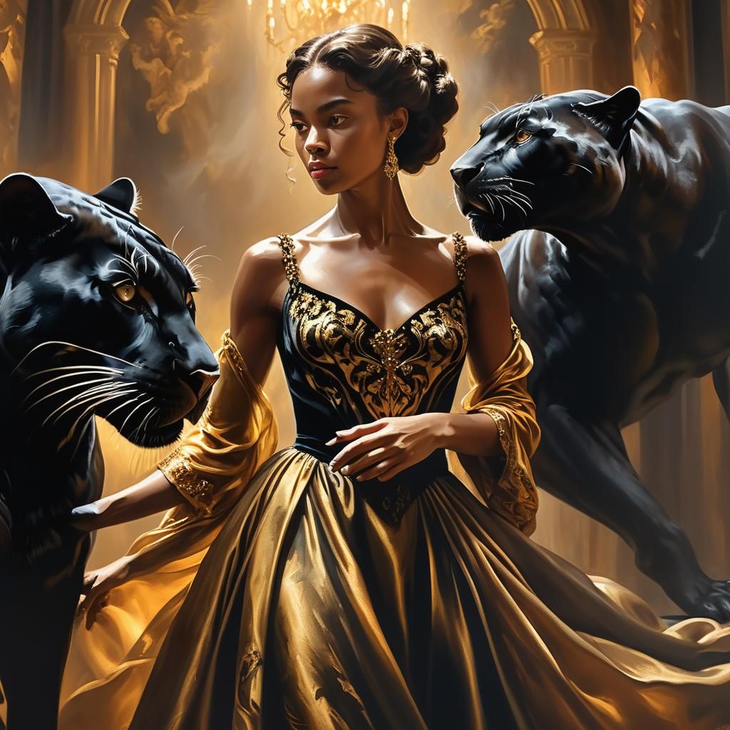 Baroque Woman and Panther in Oil Painting