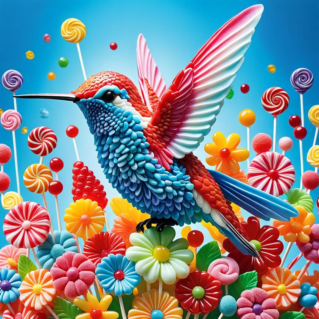 Hummingbird made out of gummy bears and fruit gel candy, flowers made out of lollipops