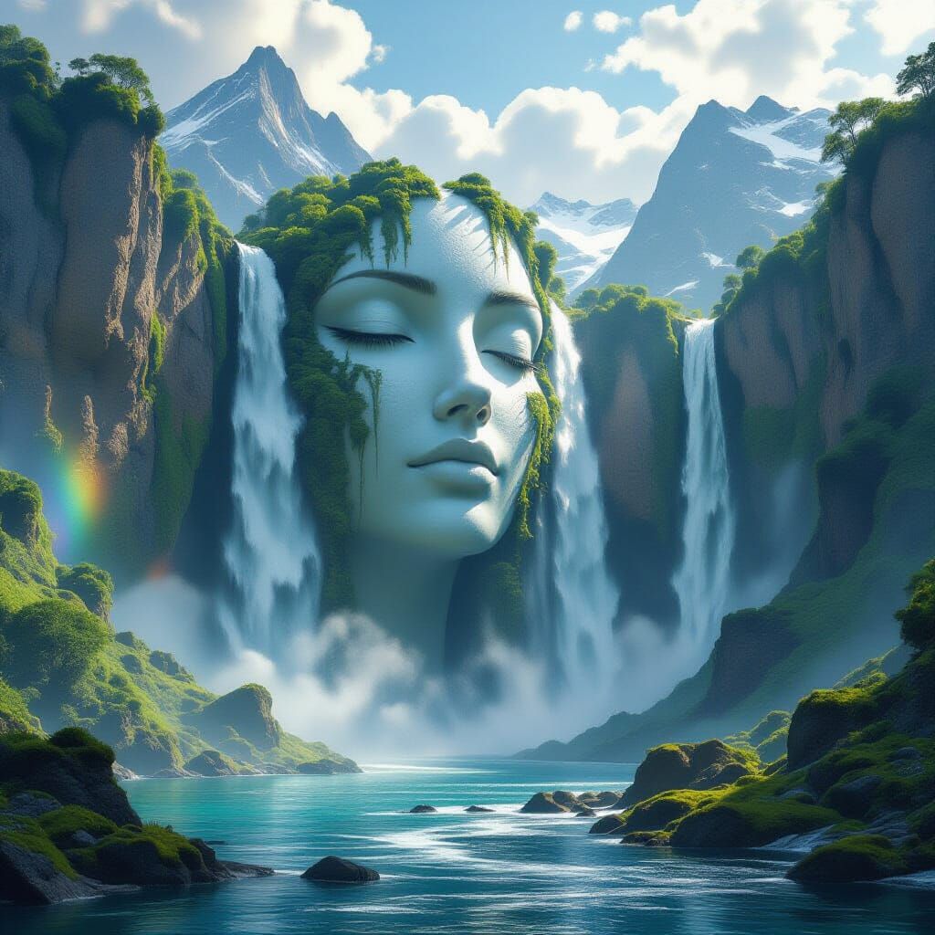 Waterfall Creates Serene Female Face in Mountain Landscape