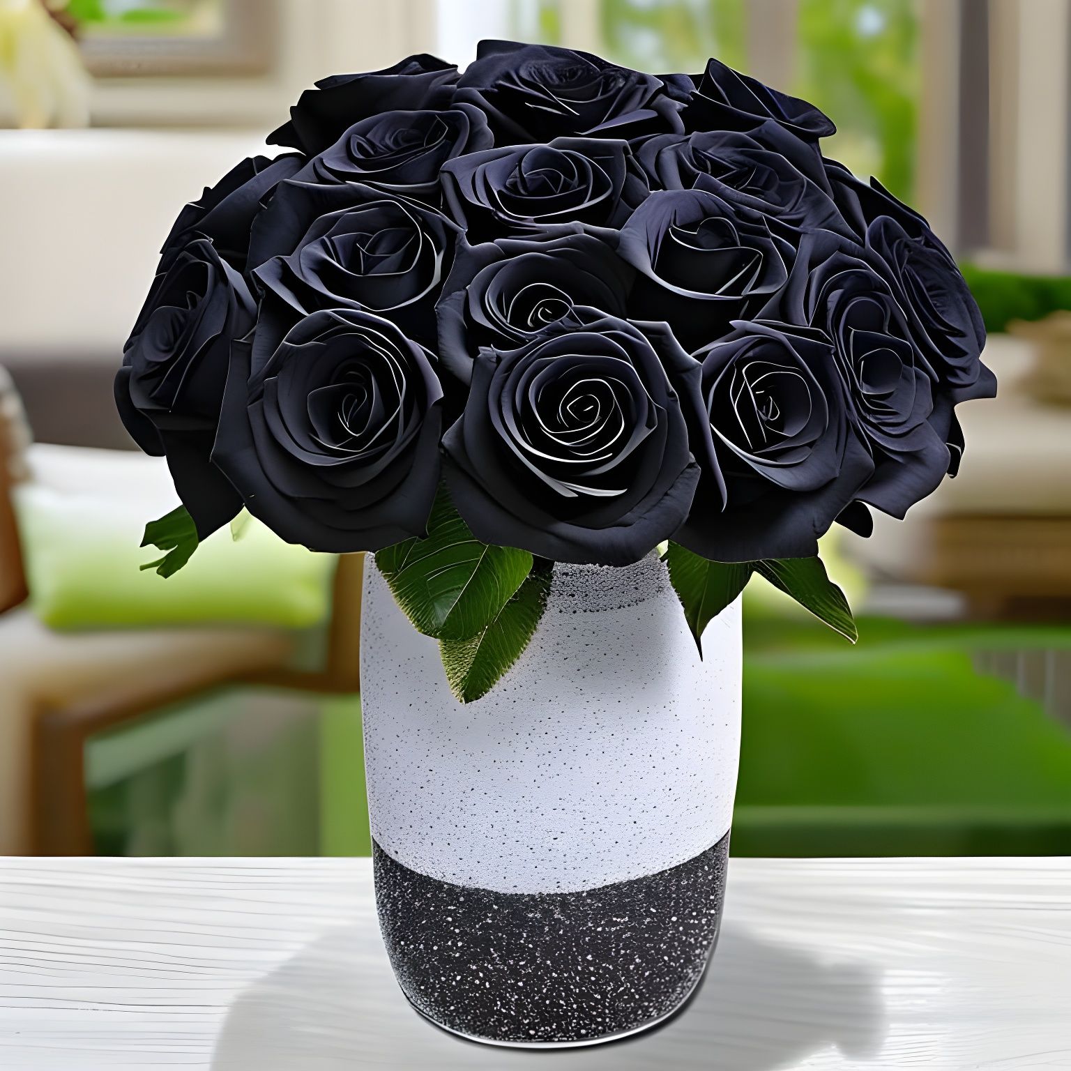 Black Roses in White Marble Vase: Vivid Still Life