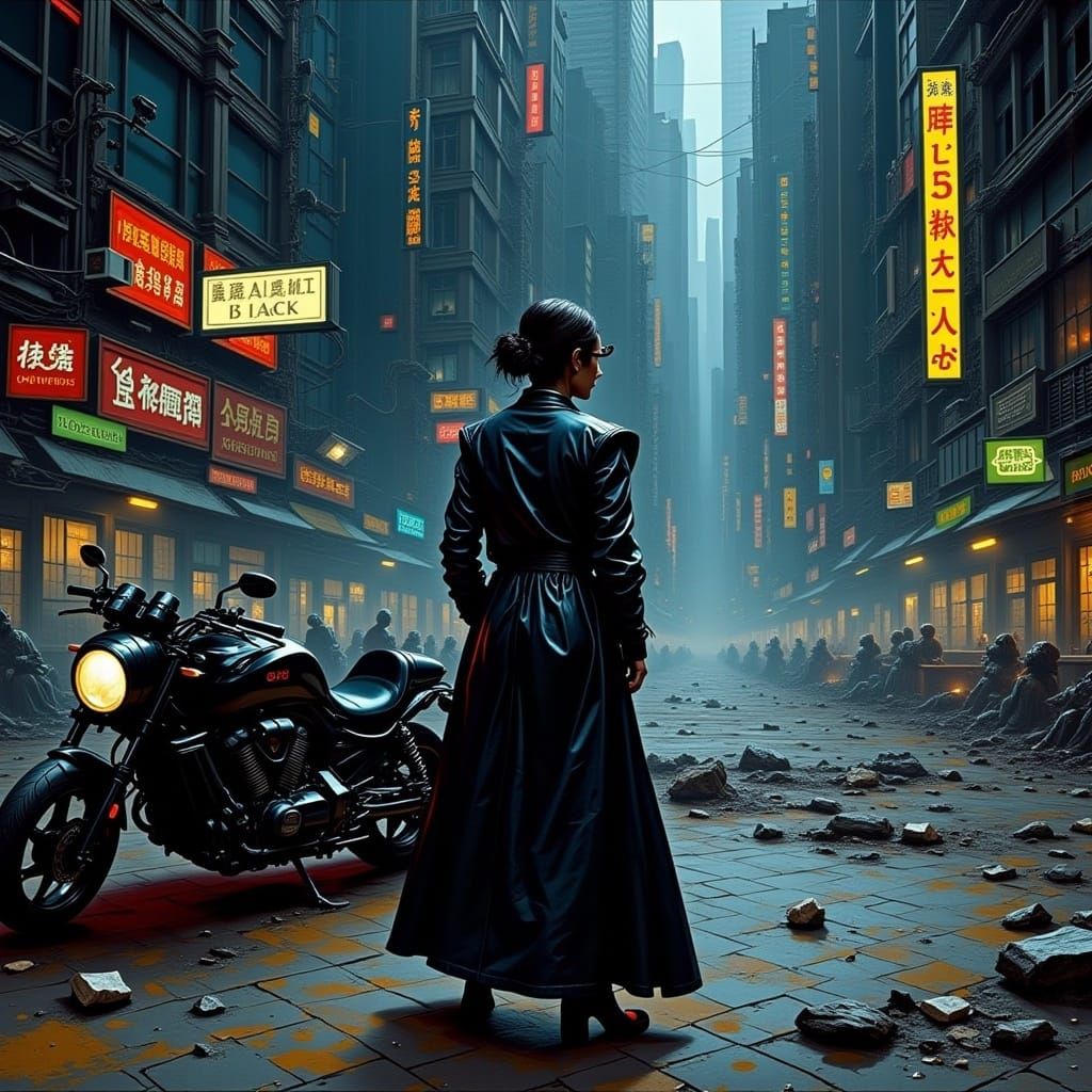 Dystopian Cityscape with Woman and Motorcycle