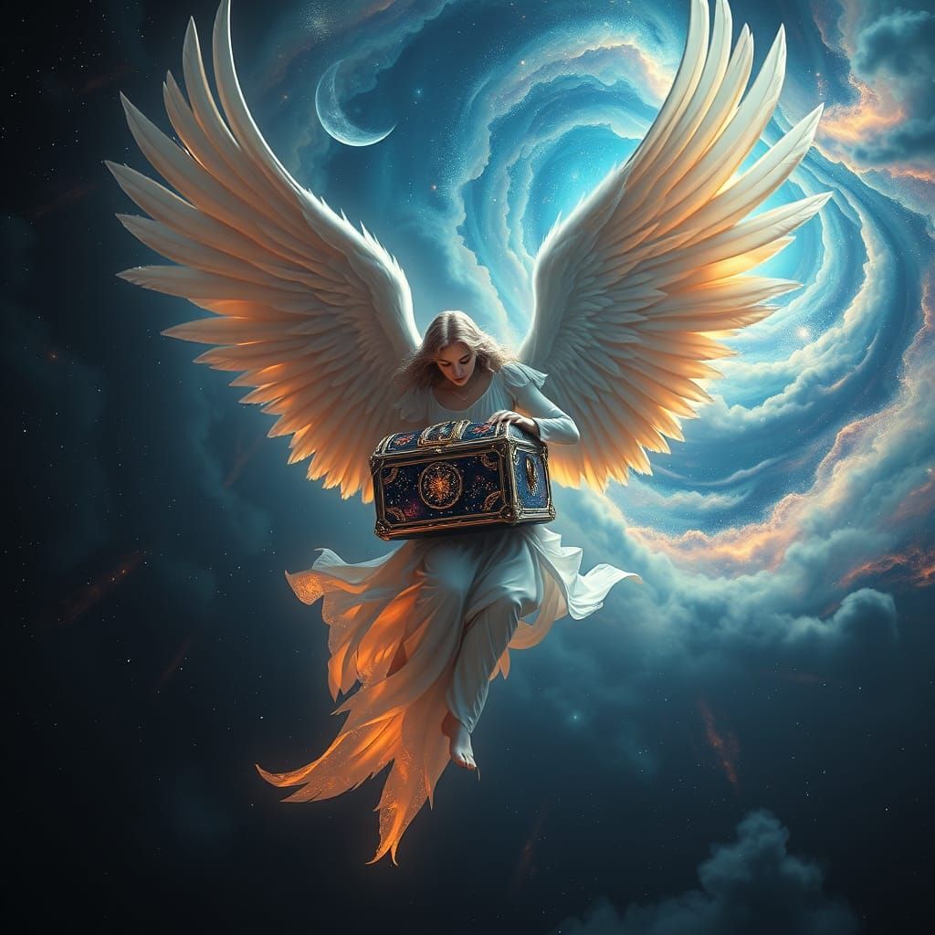 Ethereal Angel Descending from Nebula with Treasure