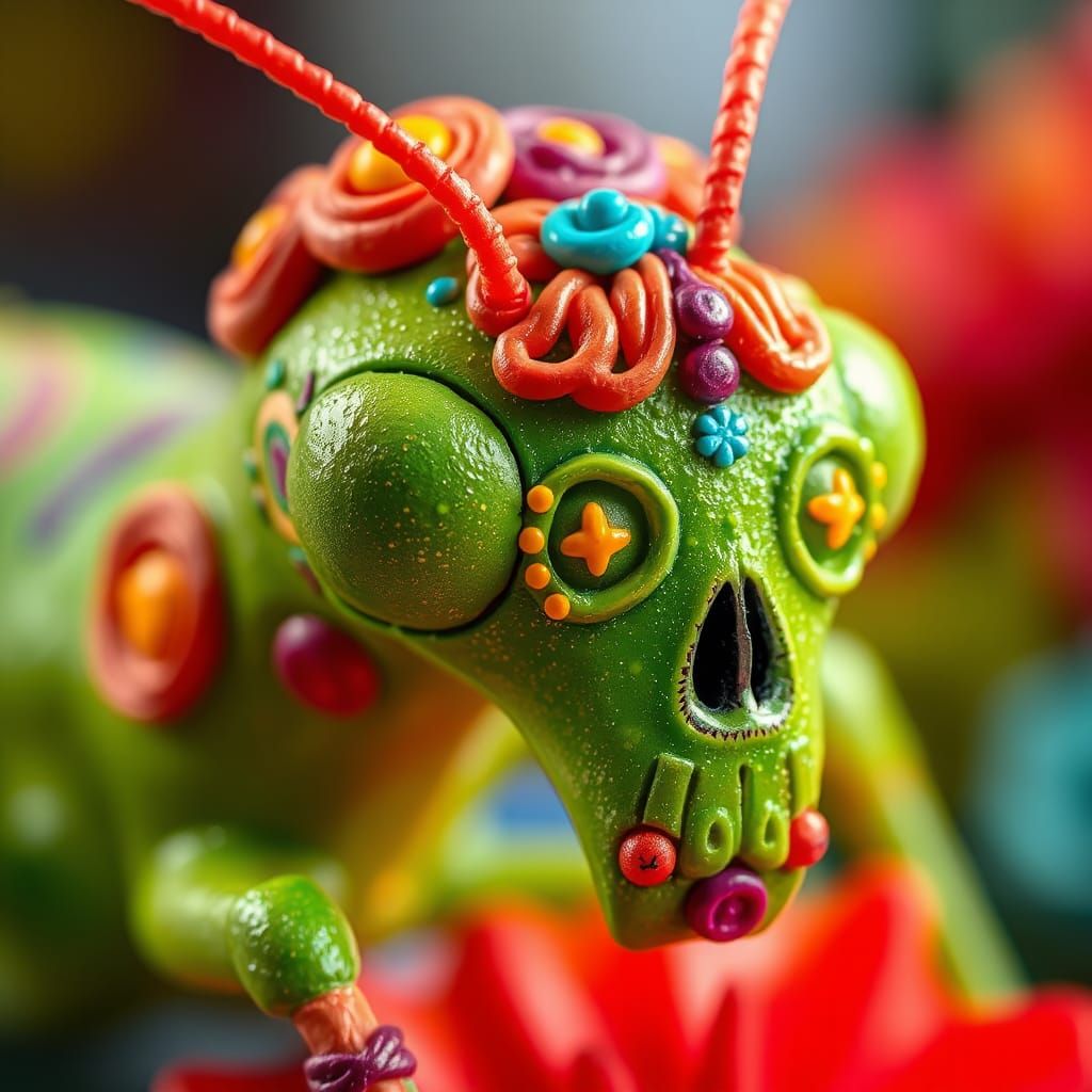 Ornate Praying Mantis Sugar Skull in Folk Art Style