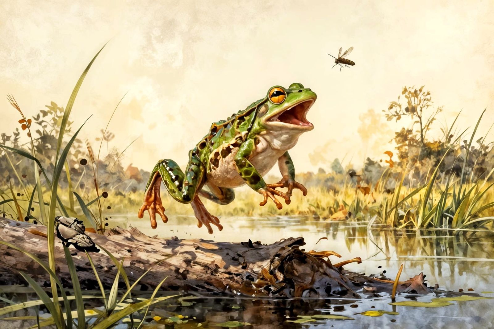 Whimsical Frog Leaping for Mosquito in Marsh