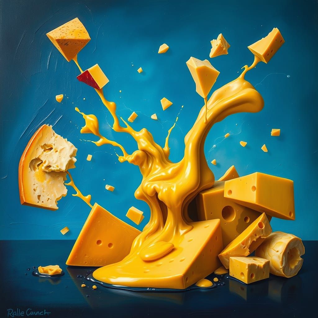 Surreal Melting Cheeses in Dreamlike Oil Painting