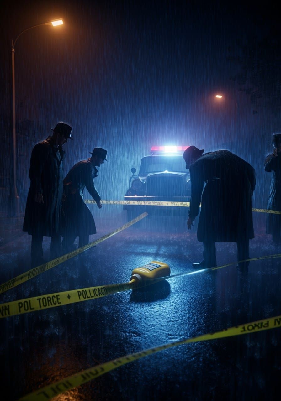 Mustard Bottle Crime Scene in Cinematic Art Style