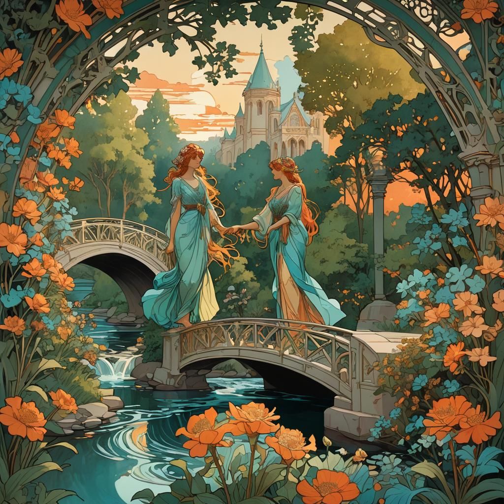 Art Nouveau Bridge Over River in Golden Light