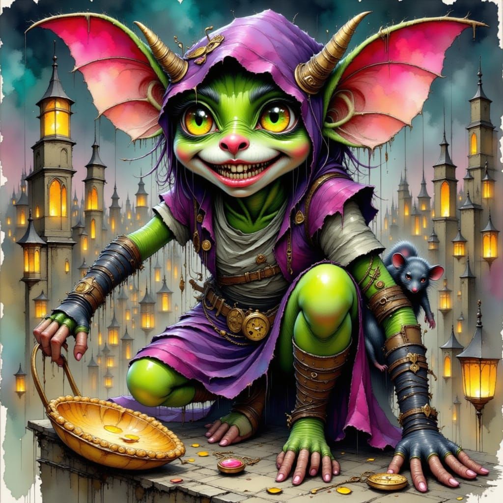 Goblin Thief on Rooftop in D&D Style Ink Drawing