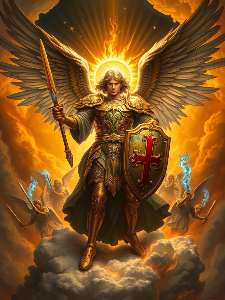 Majestic Archangel Michael in Golden Armor, Surrounded by He...