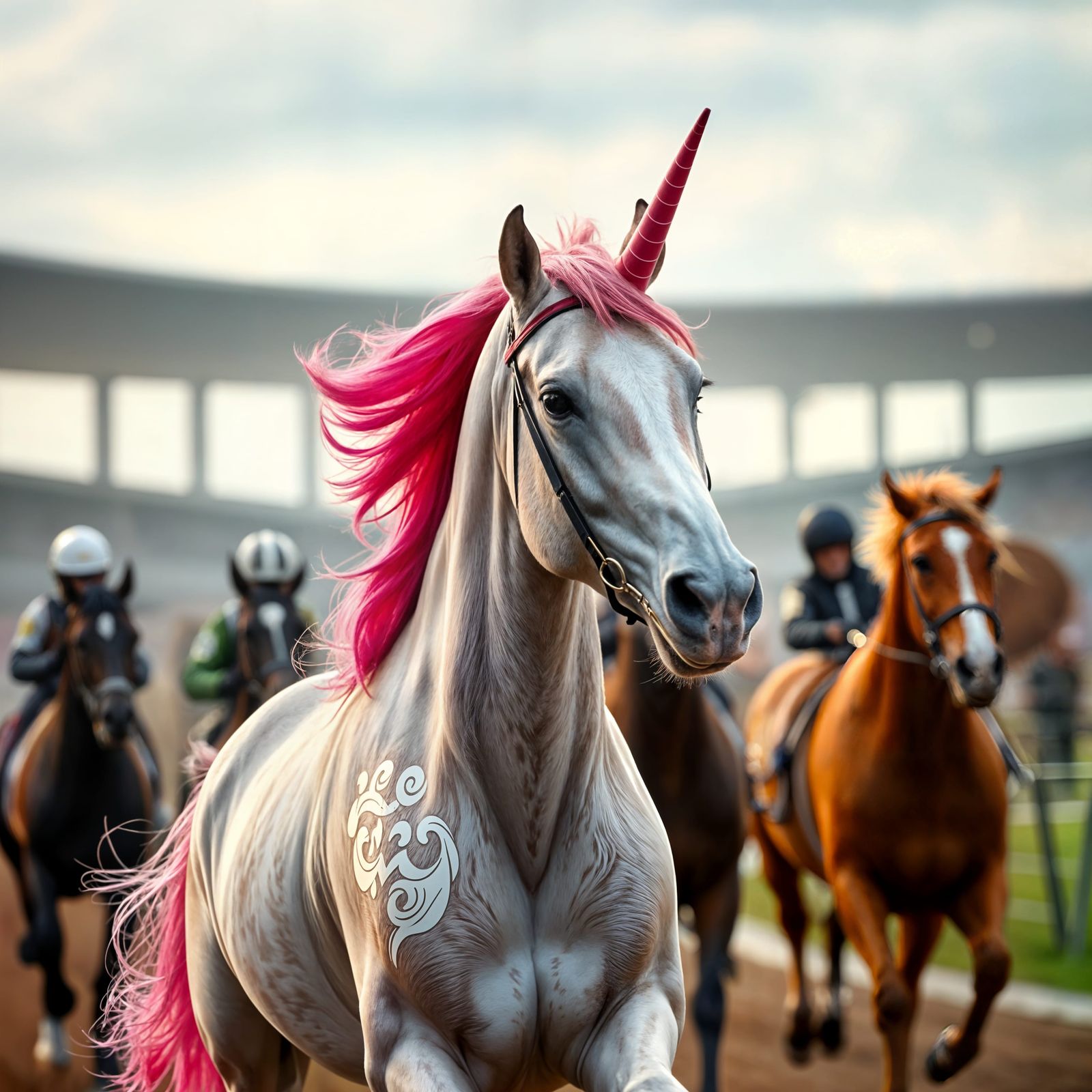 Vivid Cinematic Unicorn Racing Scene in Rainbow Mane
