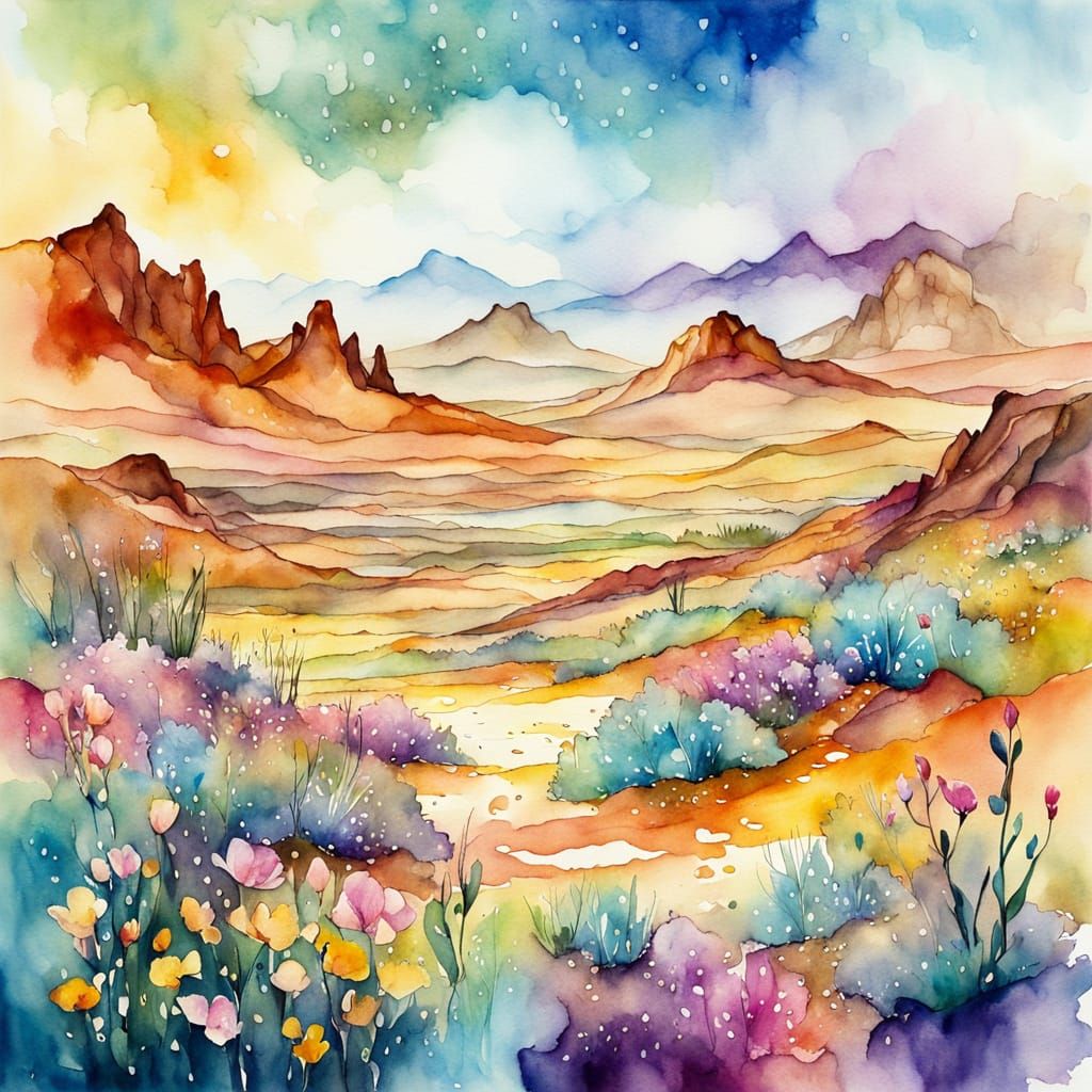 Desert Blooms After Rain: Watercolor Impression