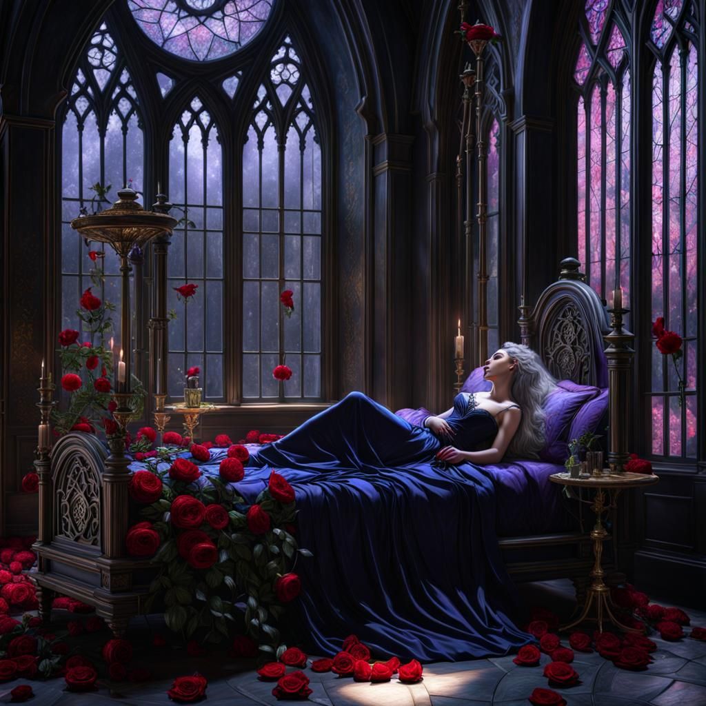 Gothic Sleeping Beauty with Roses and Cobwebs