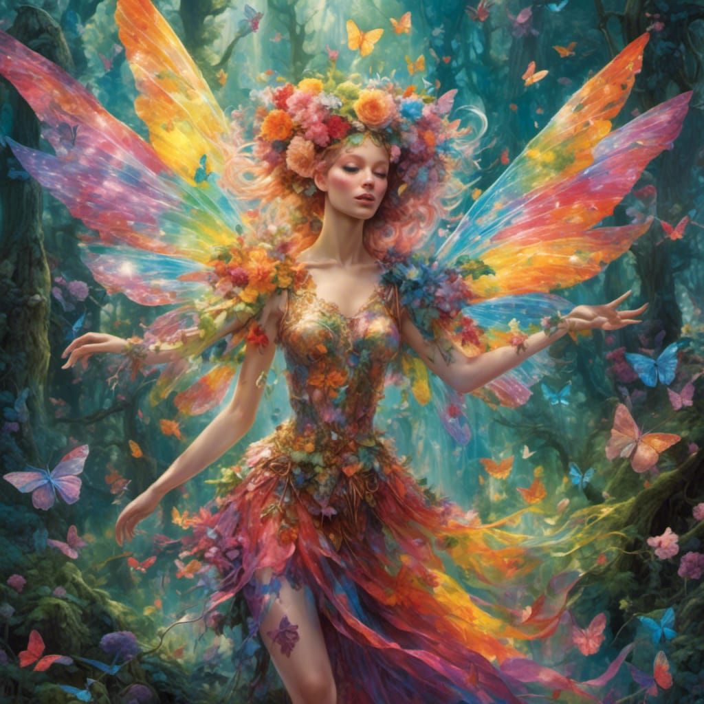 Colorful Gay Fairy Flying Through Enchanted Forest
