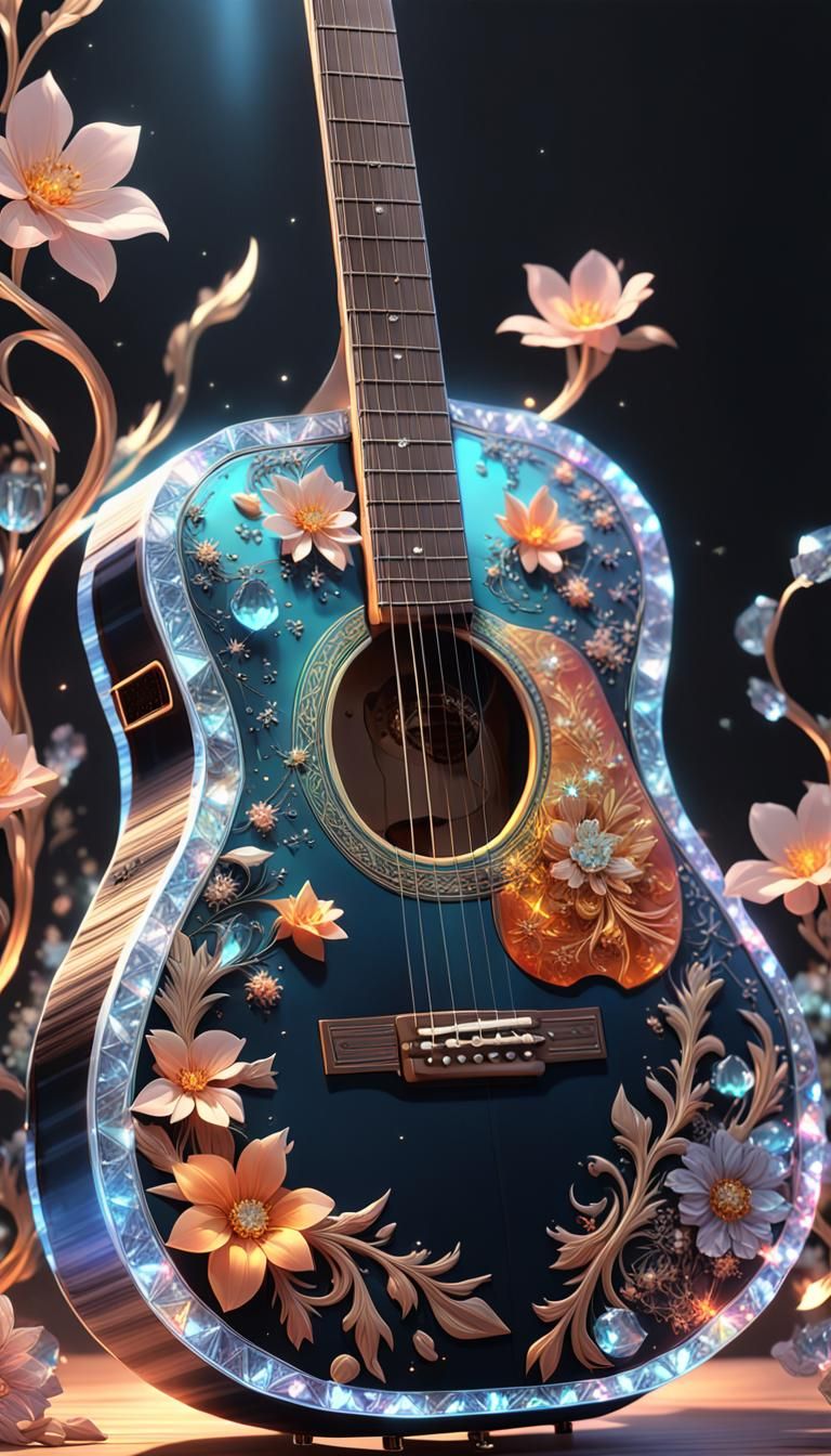 Flaming Crystal Acoustic Guitar in Anime Style