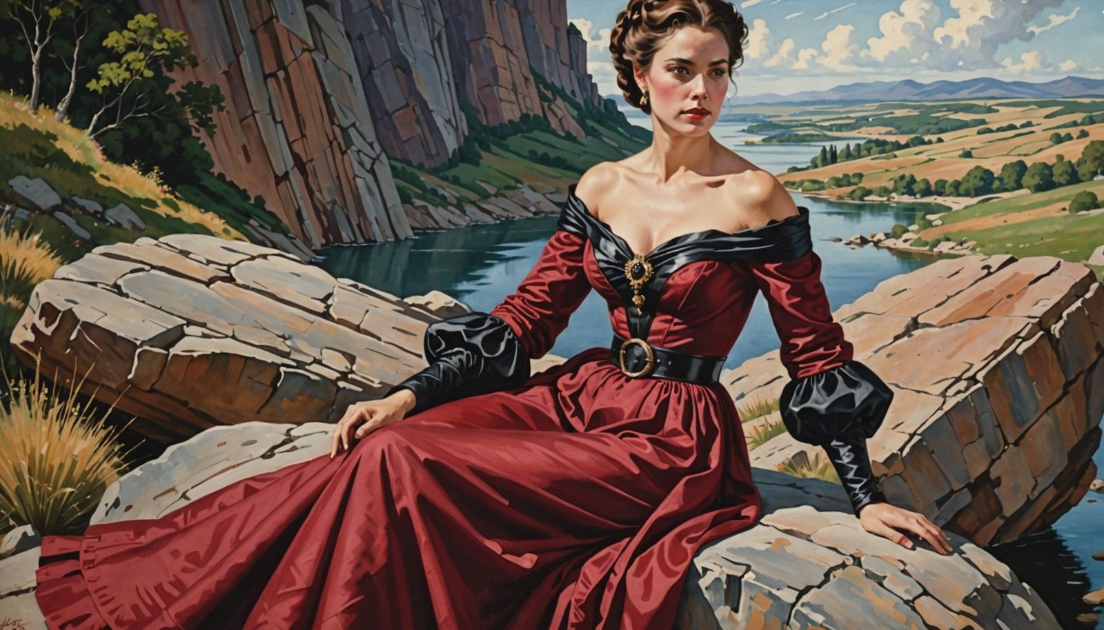 Woman in Red Gown: Gouache Oil Painting Portrait