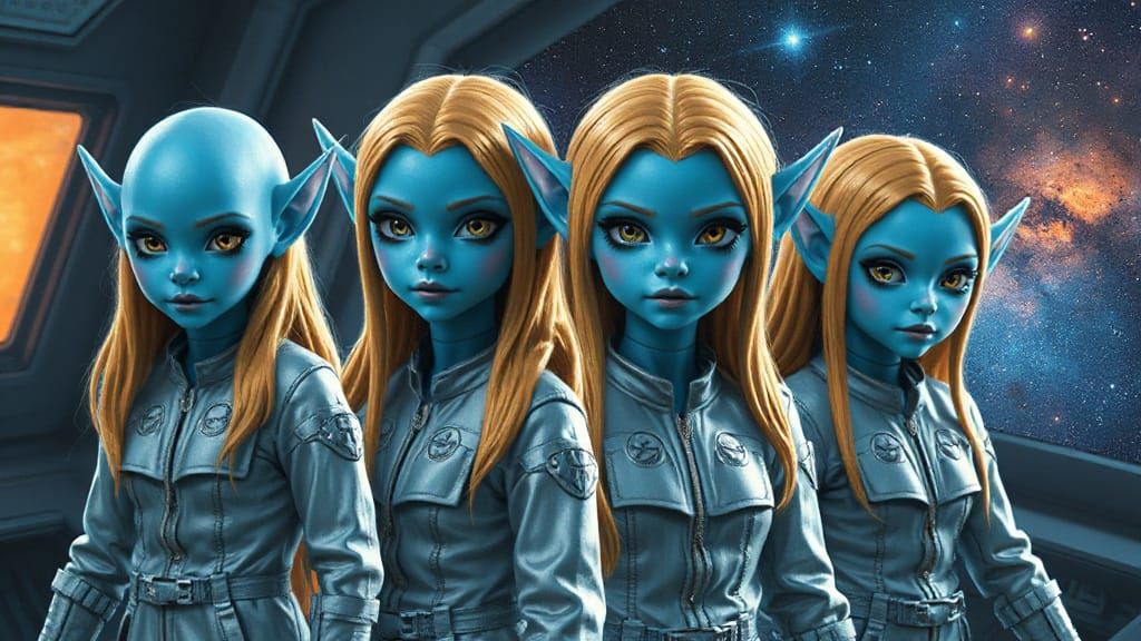 Alien Space Elves Starship Crew in Space Fantasy Style