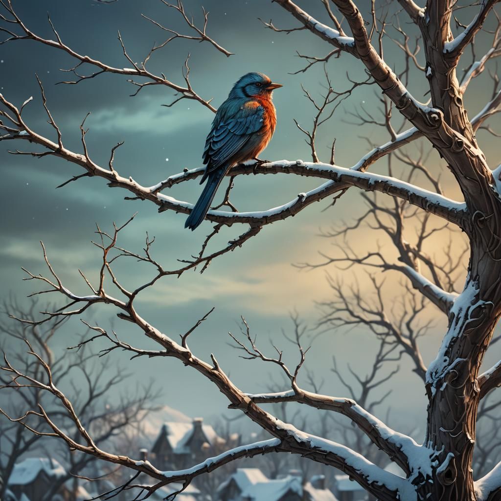 Winter Bird on Barren Branch: Fantasy Matte Painting