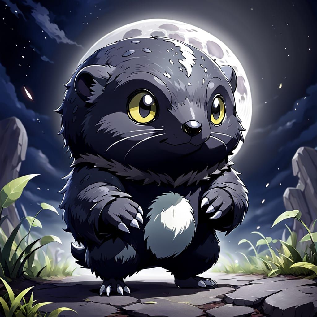 Dark Grey Mole Fakemon with Moon Markings and Fury in its Ey...
