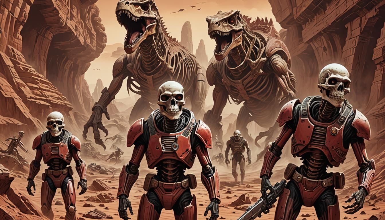 Retro Sci-Fi Martian Dinosaur Skeletons