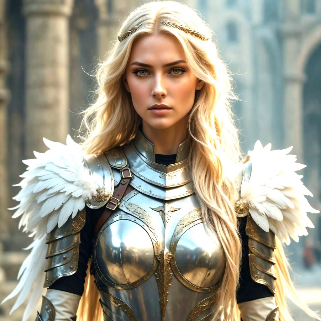 Beautiful Woman in Steel Armor with White Feathers