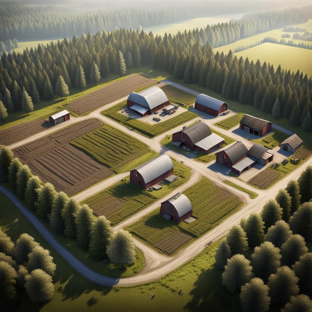 Aerial View of Farm Surrounded by Forest