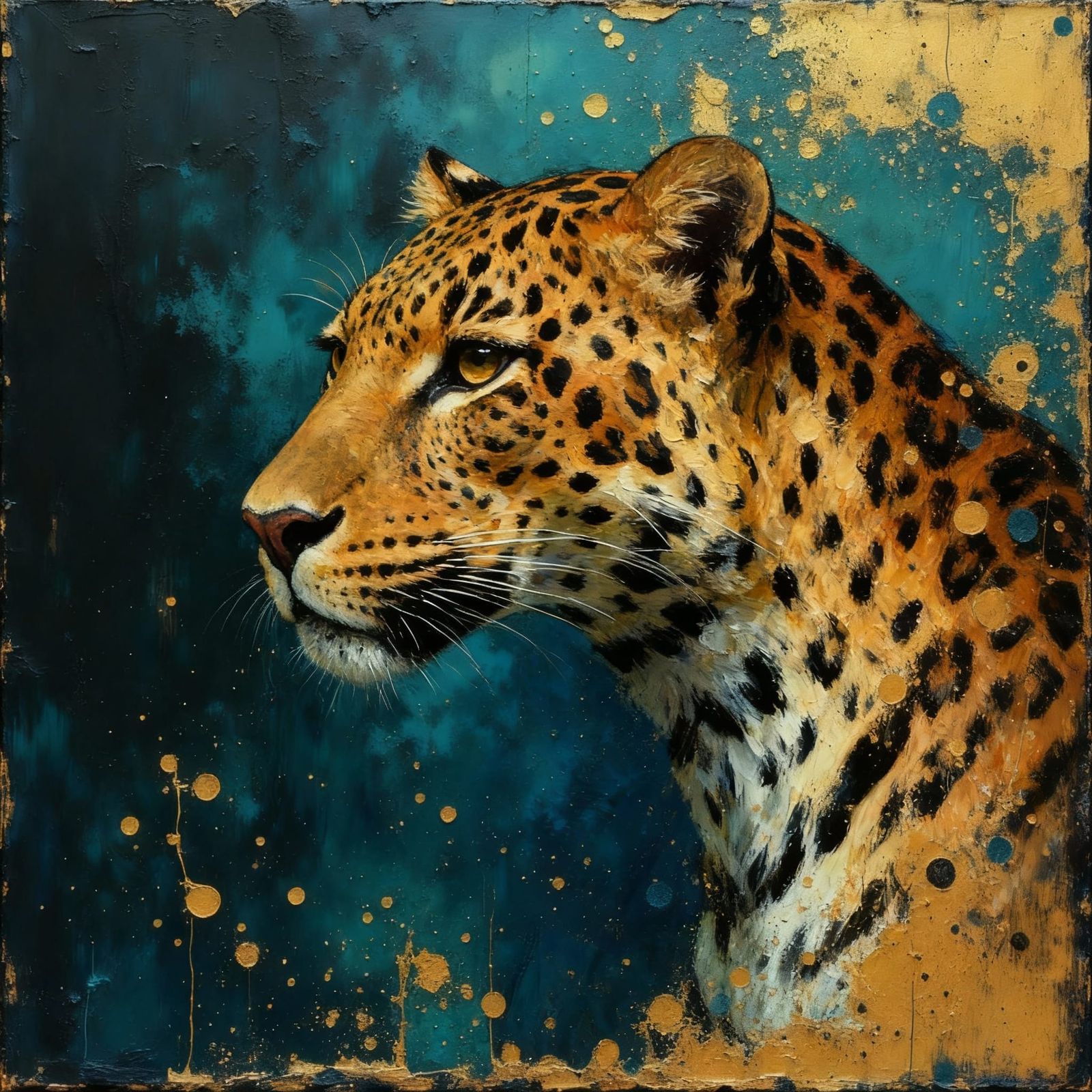 Fantasy Oil Painting of a Leopard in Teal and Gold
