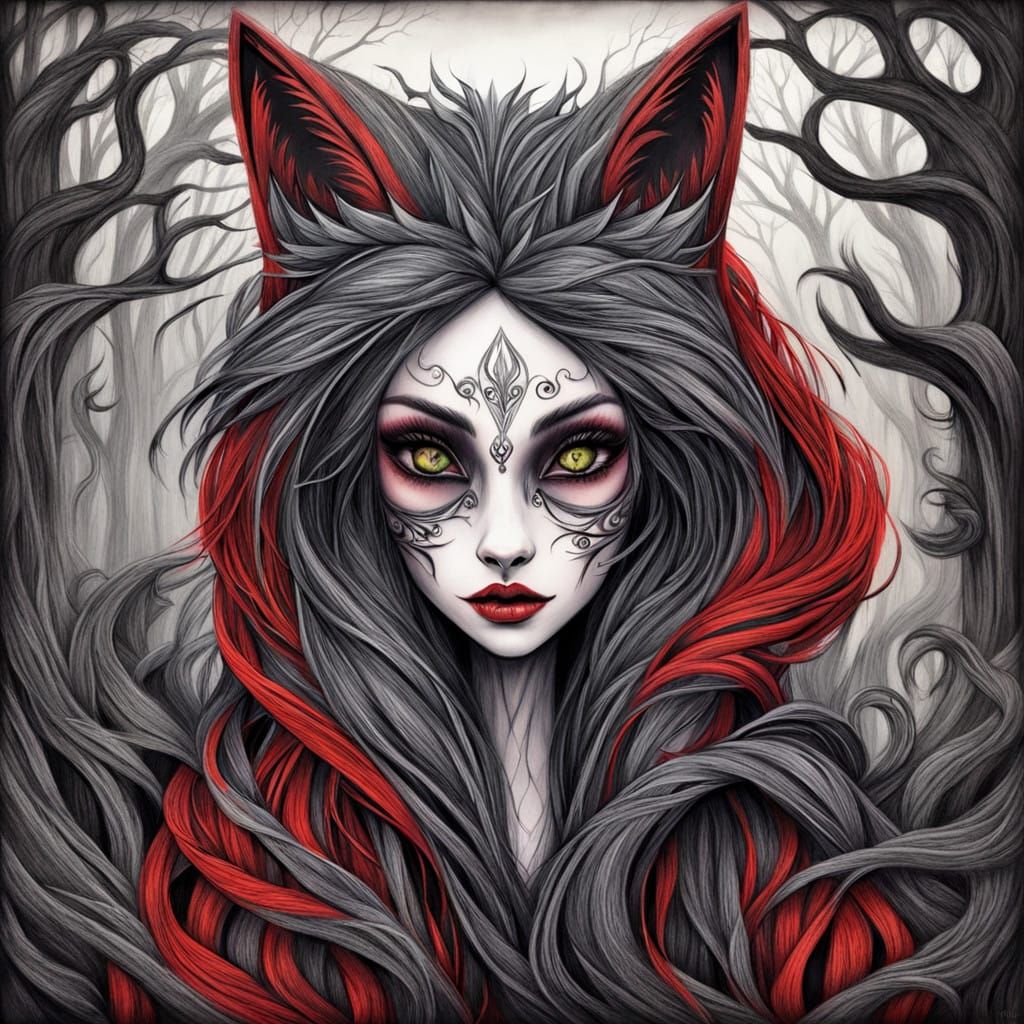 Dark Fantasy Red Riding Hood in a Gorey Style