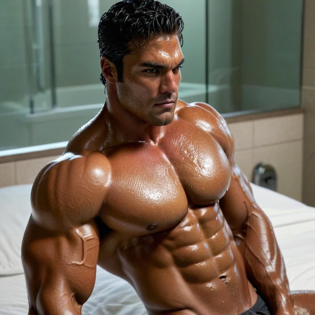 Wet Muscle Hunk Relaxing on Bed After Shower