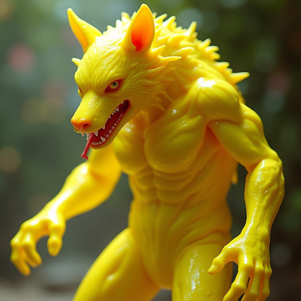 Neon Cyberpunk Werewolf in Shiny Plastic Toy Figure Style